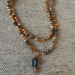 Beaded double-layered necklace, bronze and blue